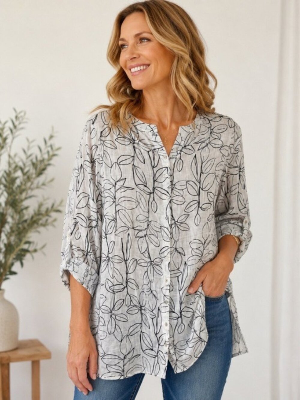 Cynthia Rowley Womens White Floral 3/4 Length Sleeve Size 1X